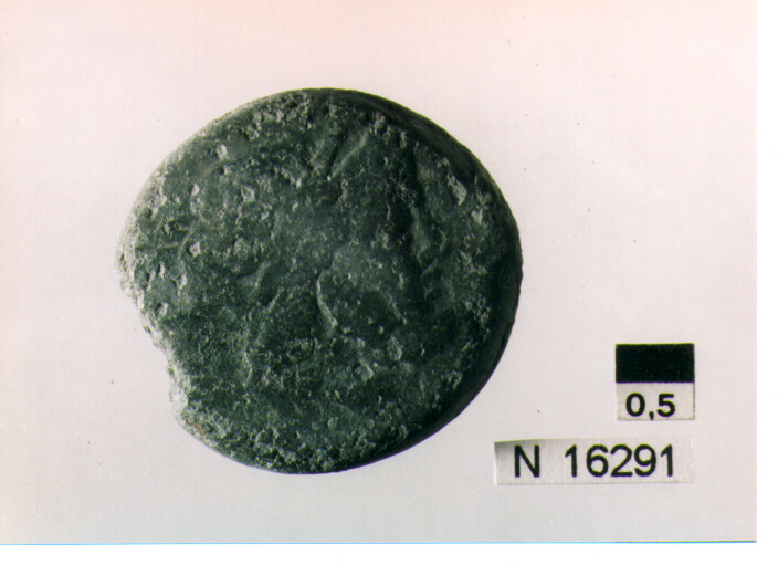 R/ testa di Giove laureato a destra; V/ prua di nave a destra sopra segnodel valore, sotto iscrizione (moneta, semisse) (sec. III a.C)