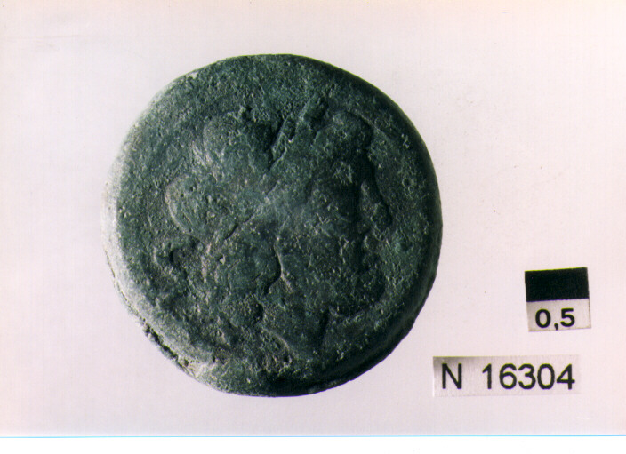 R/ testa di Giove laureato a destra dietro segno del valore; V/ prua di nave a destra sopra segno del valore, sotto iscrizione (moneta, semisse) (sec. III a.C)