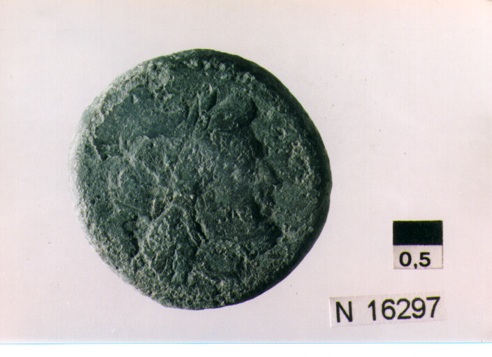 R/ testa di Giove laureato a destra dietro segno del valore; V/ prua di nave a destra sopra segno del valore, sotto iscrizione (moneta, semisse) (sec. III a.C)