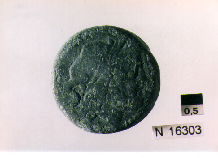 R/ testa di Giove laureato a destra dietro segno del valore; V/ prua di nave a destra sopra segno del valore, sotto iscrizione (moneta, semisse) (sec. III a.C)