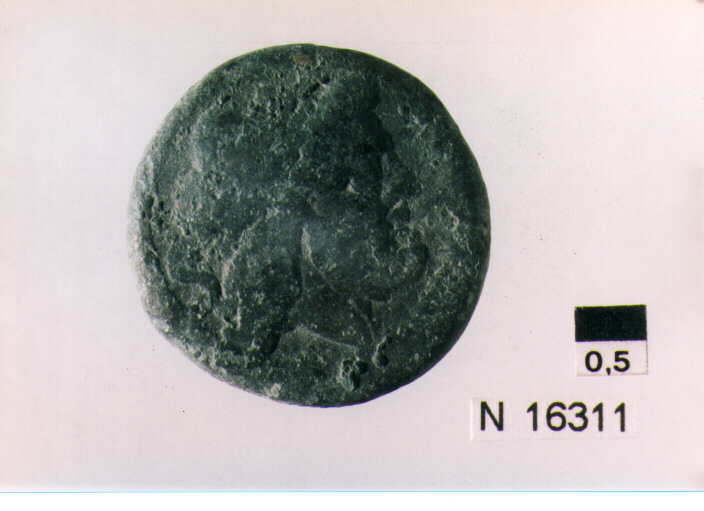 R/ testa di Giove laureato a destra dietro segno del valore; V/ prua di nave a destra sopra segno del valore, sotto iscrizione (moneta, semisse) (sec. III a.C)
