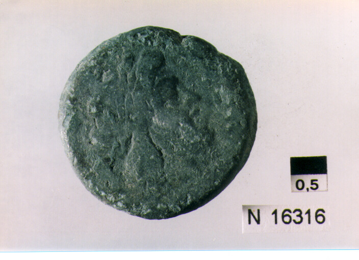 R/ testa di Giove laureato a destra dietro segno del valore; V/ prua di nave a destra sopra segno del valore, sotto iscrizione (moneta, semisse) (sec. III a.C)