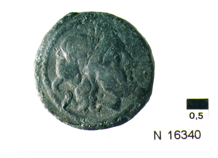 R/ testa di Giove laureato a destra dietro segno del valore; V/ prua di nave a destra sopra segno del valore, sotto iscrizione (moneta, semisse) (sec. III a.C)