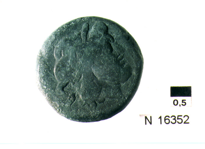 R/ testa di Giove laureato a destra dietro segno del valore; V/ prua di nave a destra, sotto iscrizione (moneta, semisse) (sec. III a.C)
