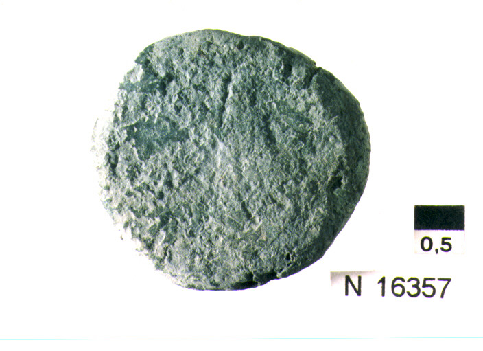 R/ testa di Giove laureato a destra; V/ illeggibili (moneta, semisse) (sec. III a.C)