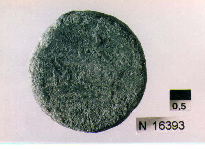 R/ testa di Giove laureato a destra, dietro segno del valore; V/ prua di nave a destra, sopra segno del valore, sotto iscrizione (moneta, semisse) (sec. III a.C)