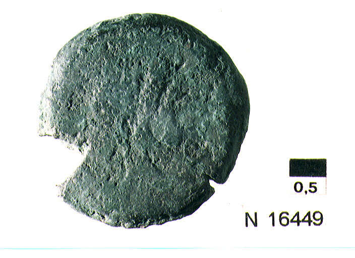 R/ testa di Giove laureato a destra, dietro segno del valore; V/ prua a destra, sotto iscrizione, davanti segno del valore (?) (moneta, semisse) (sec. III a.C)