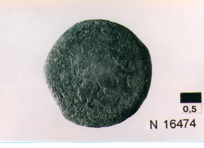 R/ illeggibile; V/ prua a destra, sotto iscrizione (moneta, semisse) (secc. III/ I a.C)