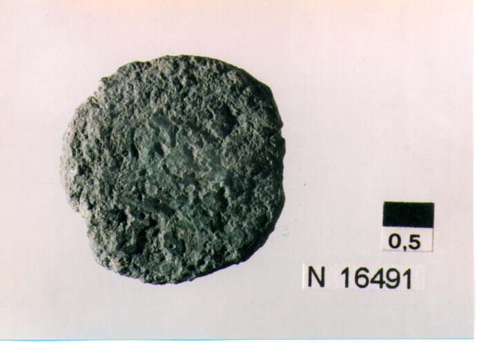 R/ testa a destra; V/ prua a destra, sotto segno del valore (?), tre globetti (moneta, quadrante) (sec. III a.C)