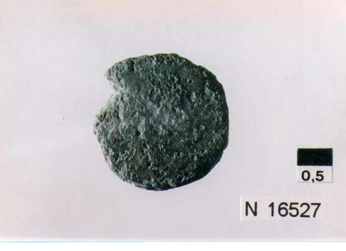 R/ testa di Ercole a destra, dietro segno del valore(sono visibili due globetti); V/ illeggibile (moneta, quadrante) (sec. III a.C)