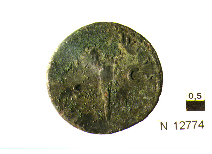 R/ testa laureata di Domiziano a destra; V/ Roma a destra in abiti militari con lancia e parazonium (moneta, asse) (sec. I d.C)