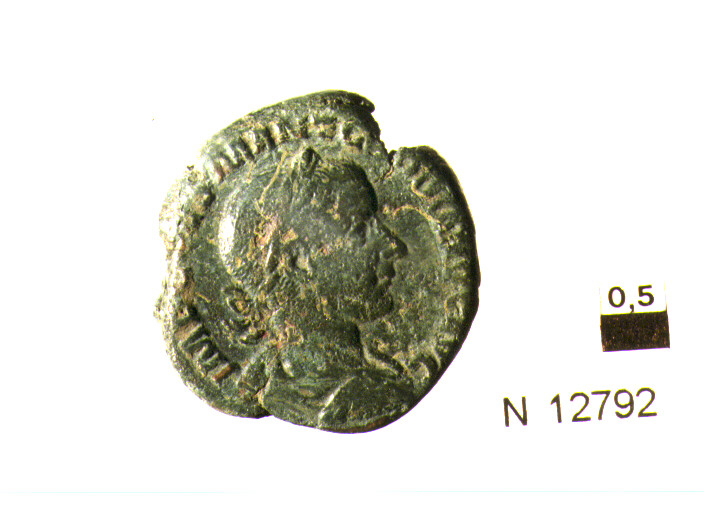 R/ busto drappeggiato laureato di Gordiano a destra; V/ Liberalitas(?) stante di fronte, la testa a sinistra, tiene la cornucopia e l'abacus(?) (moneta, asse) (sec. III d.C)