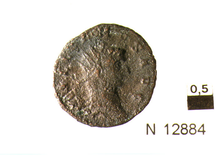 R/ testa di imperatore con corona radiata a destra; V/ figura femminile stante con spighe di grano e cornucopia (moneta, antoniniano) (sec. III d.C)