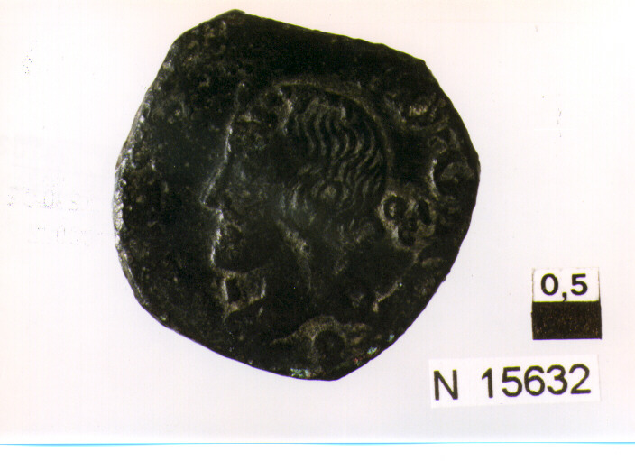 R/ testa nuda a sinistra; V/ stemma colorato, partito in cartella curvilinea (moneta, grano) (sec. XVII d.C)