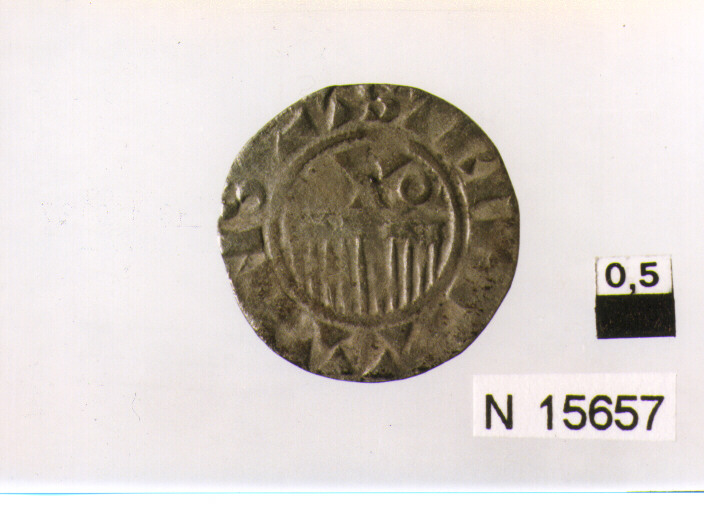 R/ grande croce accantonata, nel primo e quarto quarto da globetto, nel terzo quarto da stella a otto raggi (moneta, denaro provisino) (secc. XII/ XIII d.C)