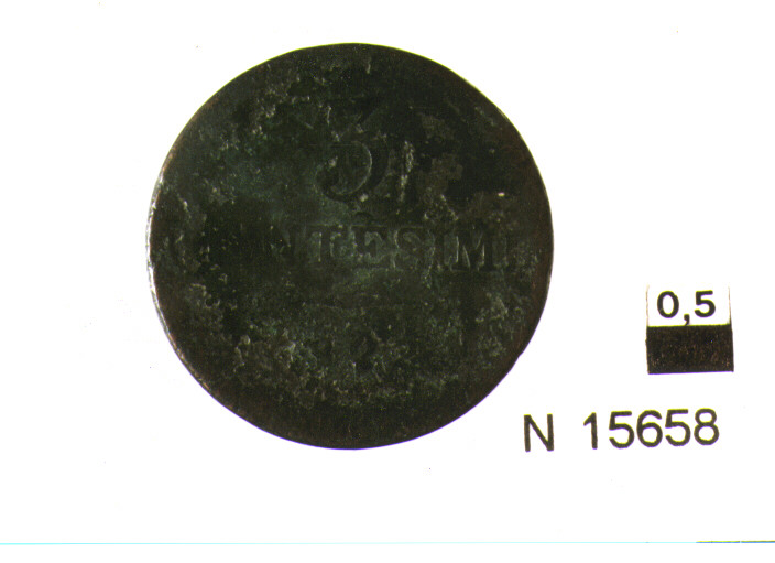 R/ nel campo la corona ferrea sormontata dalla corona imperiale; V/ iscrizione nel campo (moneta, tre centesimi) (sec. XIX d.C)