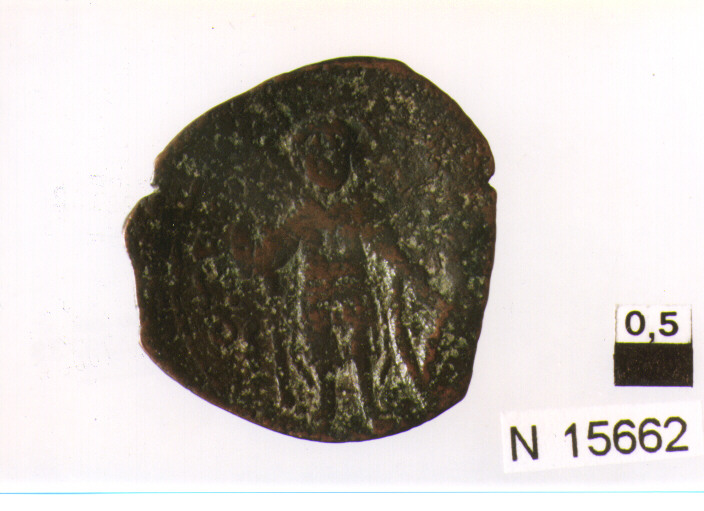 R/ Andronico III stante di fronte con labaro e globo; V/ San Demetrio stante di fronte con scudo e lancia (moneta, nomisma) (sec. XIV d.C)