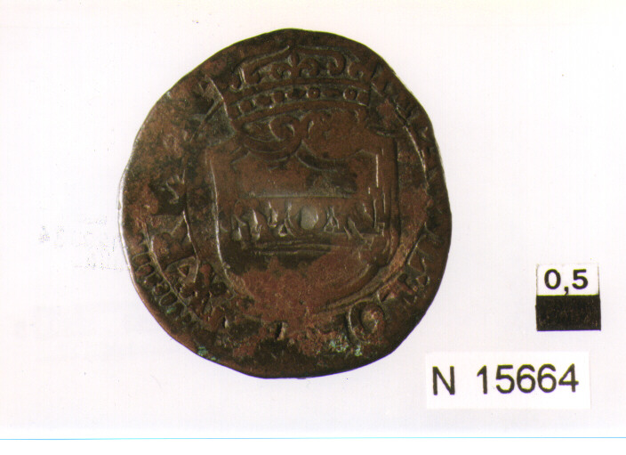 R/ scudo coronato contenente fascia con lettere iscritte; V/ tre spighe legate ad un ramoscello di olivo; sotto crocetta (moneta, pubblica del popolo) (sec. XVII d.C)