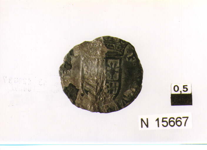 R/ scudo coronato; V/ corona contenente iscrizione (moneta) 