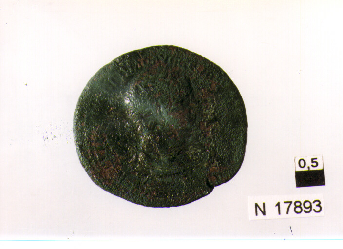 R/ busto di imperatore Domiziano (?) a destra; V/ Vittoria alata avanza verso destra (moneta, asse) (sec. I d.C)