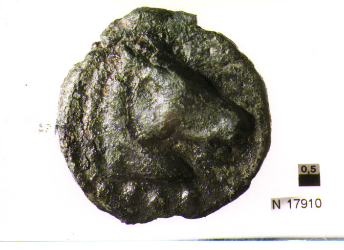 R/ testa di cavallo a destra, sotto segno del valore (quattro globetti); V/ testa di cavallo a sinistra (moneta, triente) (sec. III a.C)