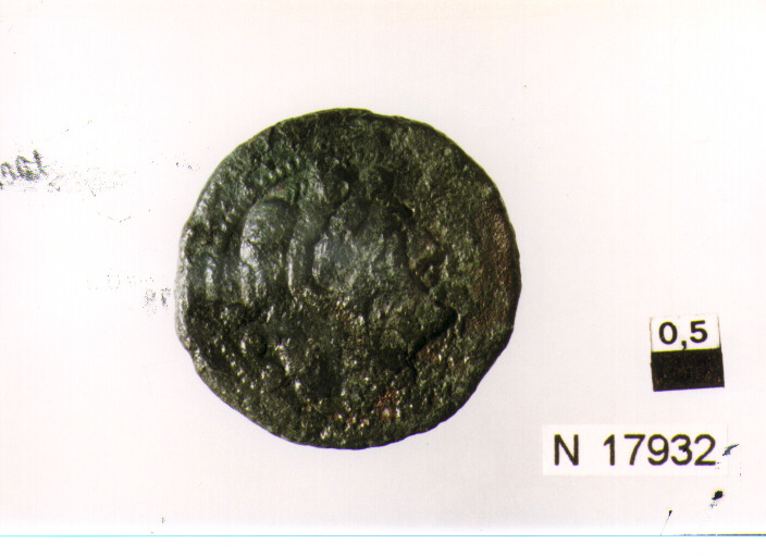 R/ testa di Ercole a destra, dietro segno del valore (tre globetti); V/ prua a destra, sotto segno del valore, sopra iscrizione (moneta, quadrante) (sec. III a.C)