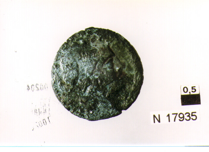 R/ testa di Minerva a destra, sopra segno del valore (quattro globetti); V/ prua a destra, sotto segno del valore (moneta, triente) (sec. III a.C)