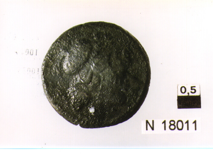 R/ testa di Minerva a destra; V/ prua a destra, sotto segno del valore (quattro globetti) (moneta, triente) (sec. III a.C)