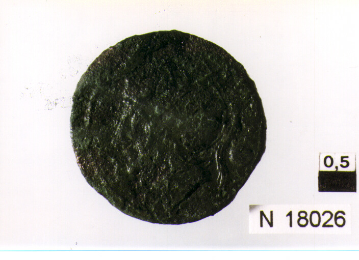 R/ testa elmata di Roma a sinistra, con elmo attico, dietro un globetto; V/ illeggibile (oncia) (sec. III a.C)