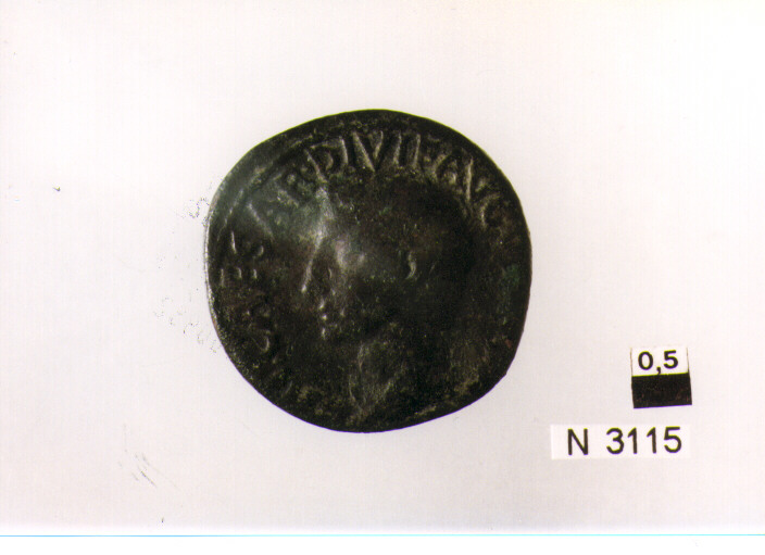 R/ testa nuda di Tiberio a sinistra; V/ iscrizione nel campo (moneta, asse) (sec. I d.C)