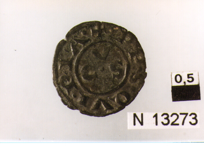 R/ croce patente; V/ nel campo tre lettere intorno a globetto (moneta, denaro) (sec. XIII d.C)