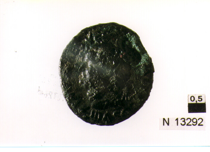 R/ testa laureata di Vespasiano a sinistra; V/ Pax(?) stante a sinistra (moneta, asse) (sec. I d.C)