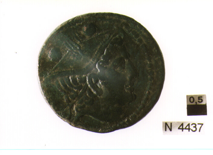 R/ testa di Mercurio a destra sopra due globetti; V/ prua di nave a destra, sotto due globetti (moneta, sestante) (sec. III a.C)