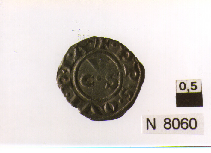 R/ croce patente; V/ tre lettere intorno a globetto (moneta, denaro) (sec. XIII d.C)