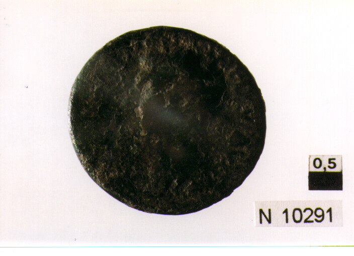 R/ testa nuda di imperatore Druso(?) a sinistra; V/ lettere nel campo (moneta, asse) (sec. I d.C)
