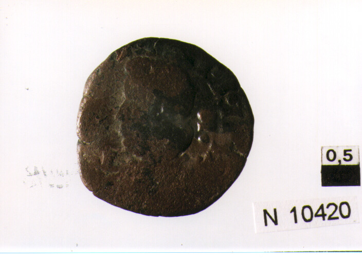 R/ busto corazzato a sinistra; V/ tosone volto a sinistra entro corona d'alloro (moneta, tornese) (secc. X/ XVII d.C)