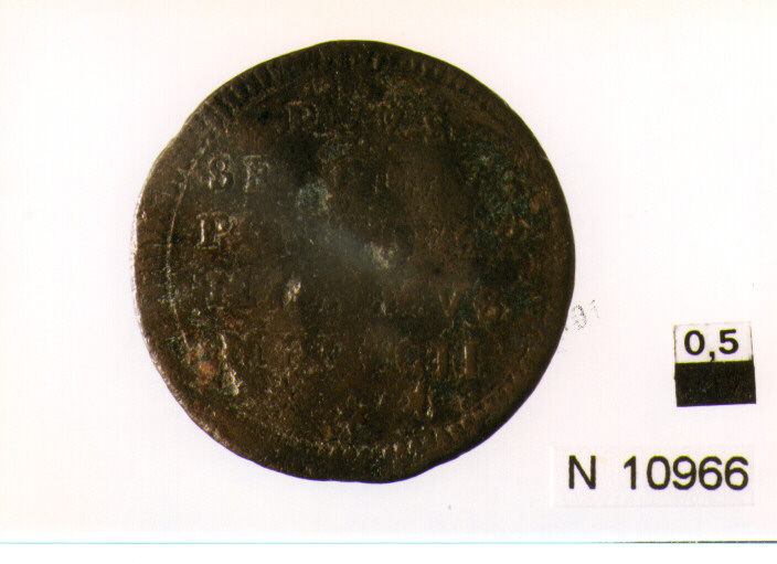 R/ iscrizione nel campo su cinque righe; V/ stemma semiovale senza cornicesovrapposto da chiavi decussate di cui appaiono le estremità con cordone e fiocco e sormontato da tiara (moneta, mezzo baiocco) (sec. XIX d.C)