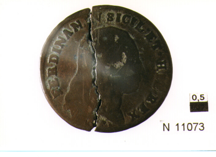 R/ testa nuda del re volta a destra, con lunghi capelli sciolti; V/ iscrizione nel campo (moneta, sei tornesi) (sec. XIX d.C)