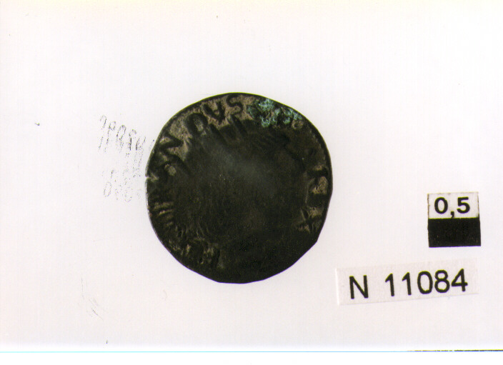 R/ busto radiato a destra; V/ cavallo sopra asticella gradiente a destra,con la zampa destra sollevata, davanti aquiletta (moneta, cavallo) (sec. XV d.C)