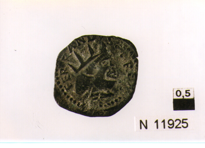 R/ busto radiato a destra; V/ cavallo in marcia verso destra sopra rosetta (moneta, cavallo) (sec. XV d.C)
