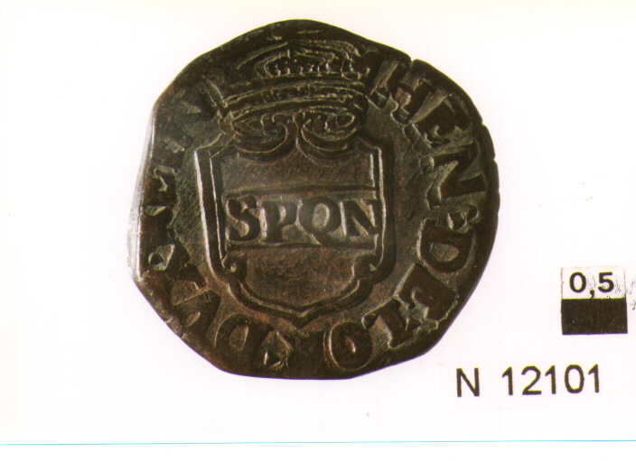 R/ scudo coronato contenente fascia iscritta; V/ tre spighe legate ad un ramoscello d'olivo (moneta, pubblica del popolo) (sec. XVII d.C)