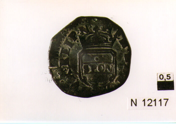 R/ scudo coronato contenente fascia iscritta; V/ canestro ricolmo di frutta e spighe (moneta, pubblica del popolo (due tormesi)) (sec. XVII d.C)