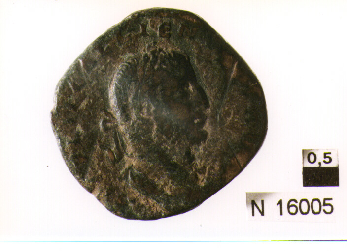 R/ busto drappeggiato e laureato di cavaliere a destra; V/ imperatore stante a sinistra tende il braccio destro verso una figura e tiene nella manosinistra uno scettro (moneta, sesterzio) (sec. III d.C)
