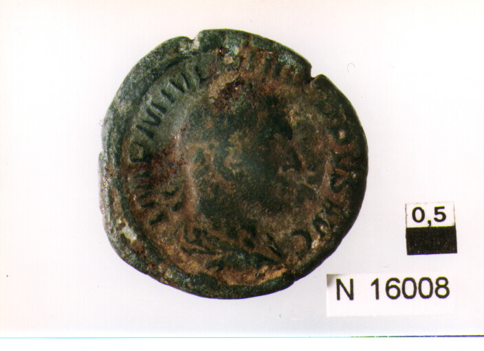 R/ busto drappeggiato, laureato di Filippo I a destra; V/ Pax stante a sinistra con ramo d'olivo e scettro trasversale (moneta, asse) (sec. III d.C)