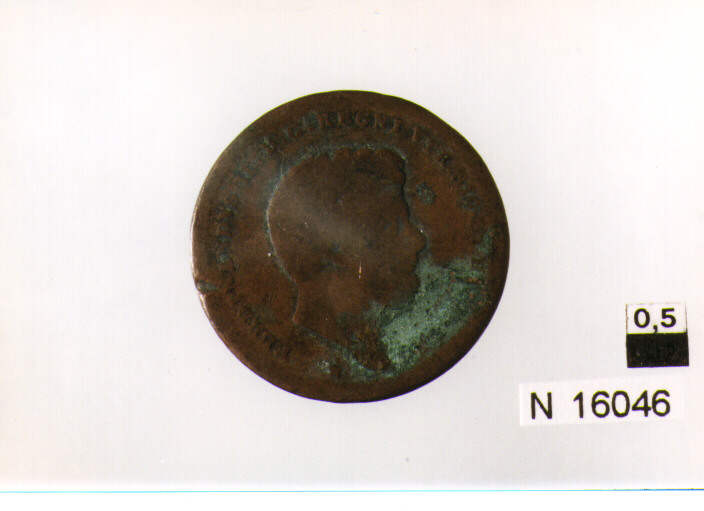 R/ testa del re barbuta, con i capelli abbassati, volto a destra; V/ corona reale e iscrizione (moneta, due tornesi) (sec. XIX d.C)