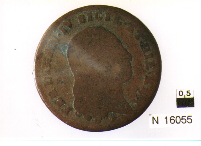 R/ testa nuda del re volta a destra, con lunghi capelli sciolti; V/ iscrizione nel campo (moneta, sei tornesi) (sec. XVIII d.C)