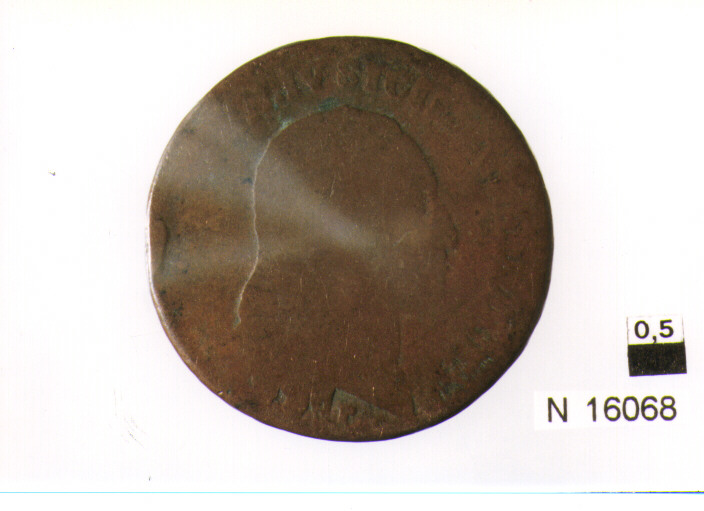 R/ testa nuda del re, volta a destra con lunghi capelli sciolti; V/ iscrizizione nel campo (moneta, sei tornesi) (sec. XIX d.C)