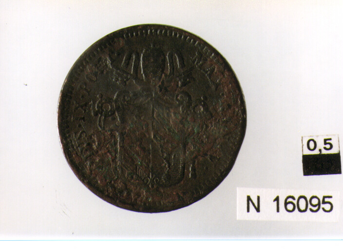 R/ stemma sormontato da chiavi decussate e tiara; V/ iscrizione nel campoin corona d'alloro legata in basso (moneta, mezzo baiocco) (sec. XIX d.C)