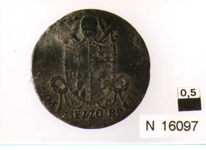 R/ iscrizione nel campo in corona di rosette e coppia di foglie; V/ stemma semiovale sovrapposto a chiavi decussate con cordone e sormontato da tiara (moneta, mezzo baiocco) (sec. XIX d.C)