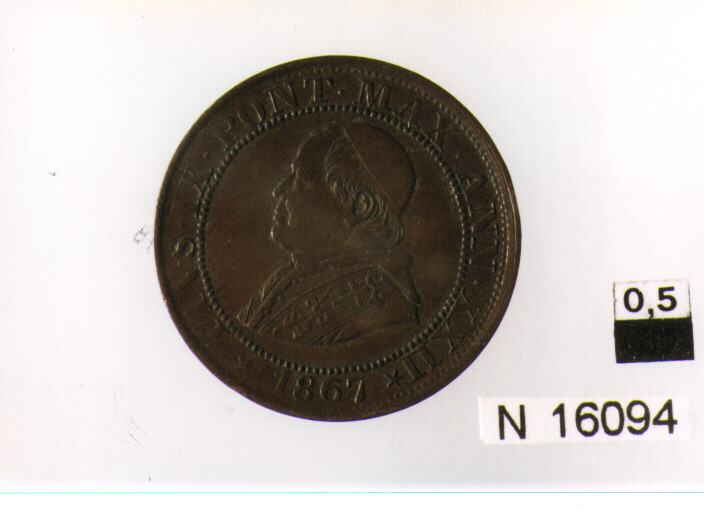 R/ busto a sinistra con berrettino, mozzetta e stola ornata di croce; V/ iscrizione nel campo entro cornice perlinata (moneta, mezzo soldo) (sec. XIX d.C)